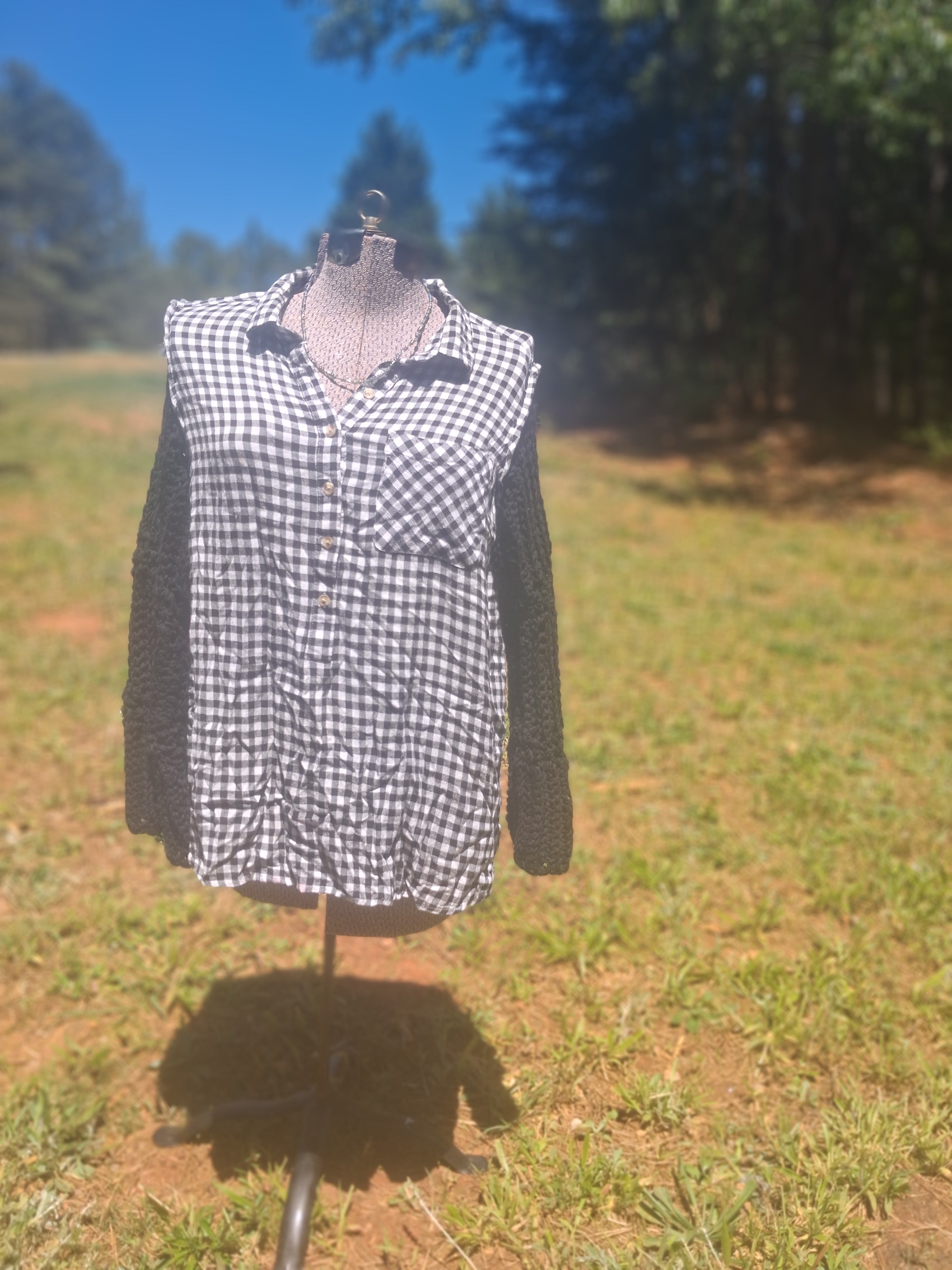 Black and White Flannel with crocheted sleeves