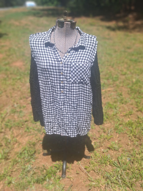 Black and White Flannel with crocheted sleeves